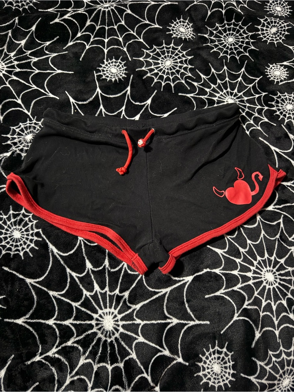Too Fast Black Athletic Shorts with Red Trim & Devil Heart Graphic